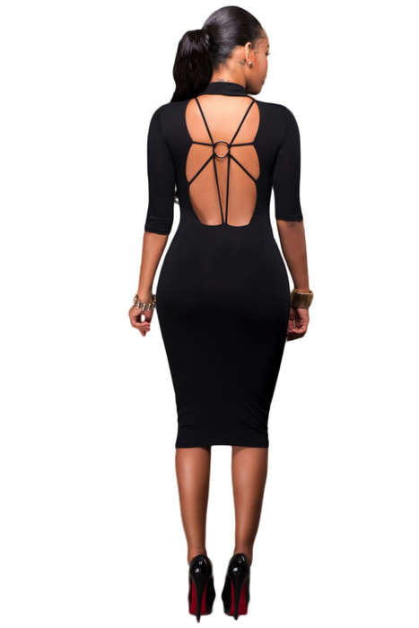 Black Bodycon O Ring Back Strap Detail Midi Dress Formal Cocktail Party Night Club Evening Wear