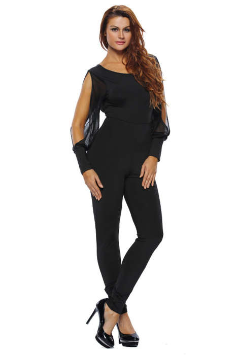 Black Sheer Split Sleeves Open Back Jumpsuit