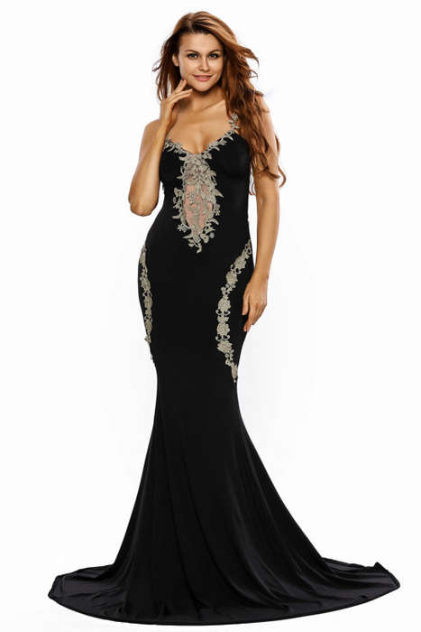 Black Lace Applique Sleeveless Maxi Dress Formal Cocktail Party Night Club Evening Wear