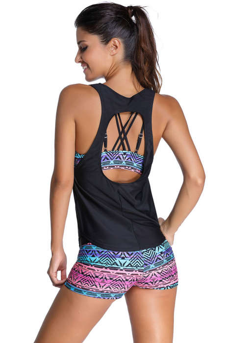 Women's Sports Bra Shorts Bottom Removable Vest Tankini Two Piece Swimsuit Costume Swimwear
