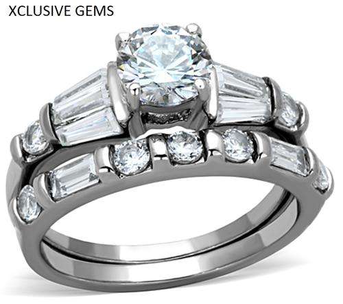**SIMULATED DIAMOND STAINLESS STEEL WEDDING RING SET