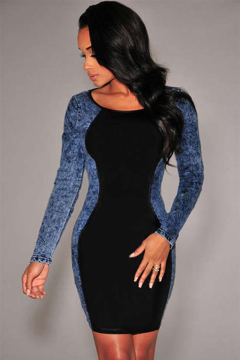 BEAUTIFUL BLACK & DENIM BODYCON DRESS