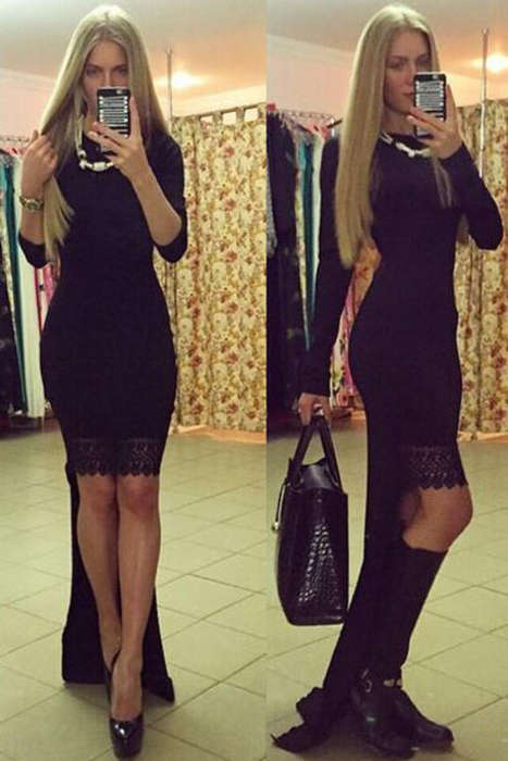 LOVELY LONG SLEEVE HIGH LOW EVENING DRESS