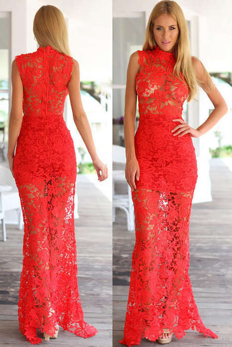 GLAMOROUS HOLLOW OUT RED LACE MAXI DRESS