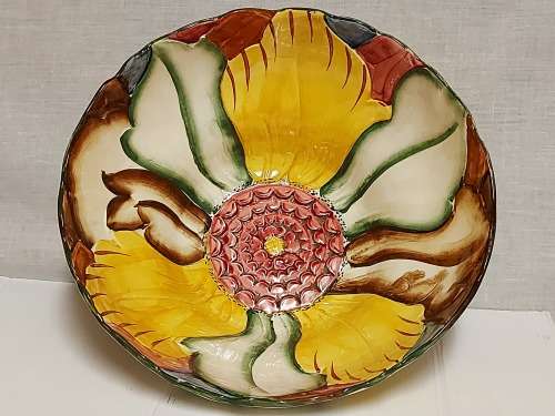 VINTAGE H J WOOD LTD BURSLEM ENGLAND HAND PAINTED GLOSS GLAZE ART POTTERY BOWL WITH VIBRANT COLOURS