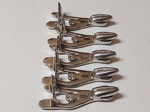 CARROL BOYES FUNCTIONAL ART VINTAGE SET OF FIVE PEWTER MAN FIGURINE STANDS (FOR A DOCUMENT TRAY)
