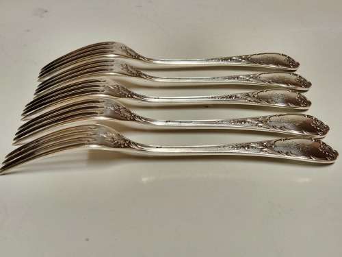 SET OF FIVE VINTAGE CHRISTOFLE SILVER PLATED ORNATELY DESIGNED DINNER FORKS