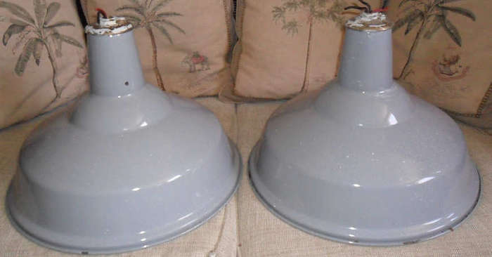 2 X GREY ENAMEL SHADES PLUS BRASS FITTINGS