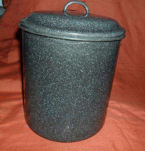 VINTAGE GREY MOTTLED ENAMEL BISCUIT CONTAINER 20CM HEIGHT X 17CM DIAMETER