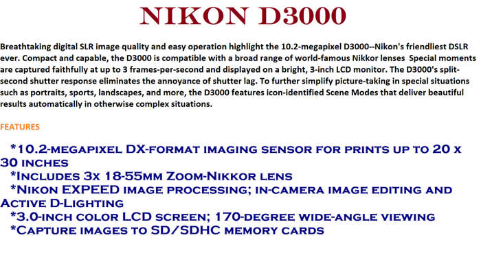 NIKON D3000 WITH 18-55MM ZOOM LENS IN VERY GOOD CONDITION