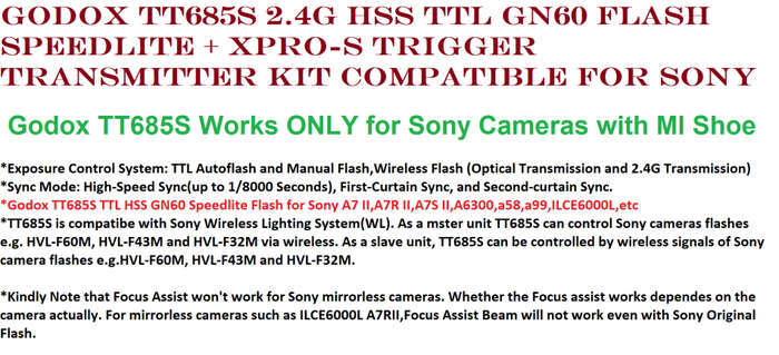 Godox TT685S 2.4G HSS TTL GN60 Flash Speedlite+ Xpro-S Trigger Transmitter Kit Compatible for Sony