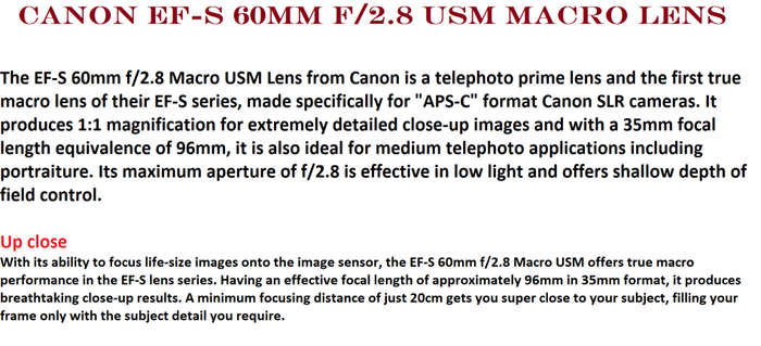 Canon EF-S 60mm f/2.8 USM Macro Lens IN EXCELLENT CONDITION