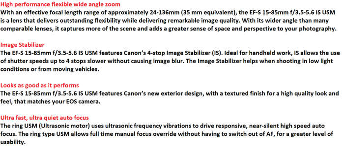 Canon EF-S 15-85mm f/3.5-5.6 IS USM Lens IN EXCELLENT CONDITON WITH BOTH LENS CAPS AND LENS HOOD