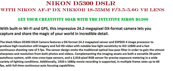 Nikon D5300 24MP DSLR with Nikon 18-55mm f/3.5-5.6G VR Lens , NIKON BAG IN EXCELLENT CONDITION
