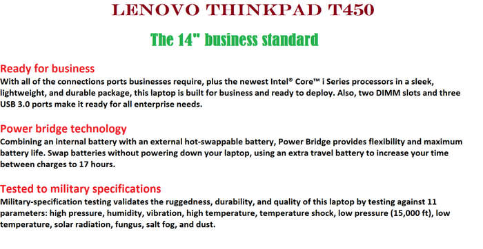 Lenovo ThinkPad T450 Laptop , Core i5-5300U 2.30GHz, 8GB Ram, 500GB , Windows 10 Pro 64bit
