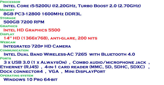 Lenovo ThinkPad T450 Laptop , Core i5-5300U 2.30GHz, 8GB Ram, 500GB , Windows 10 Pro 64bit