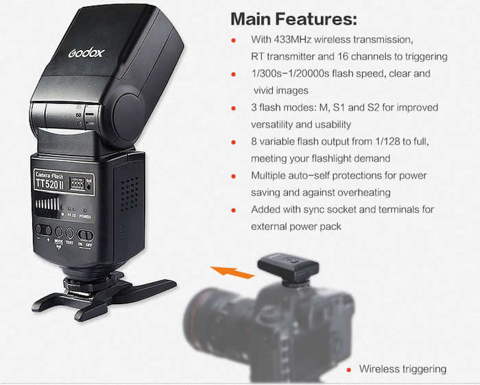GODOX TT520 II Universal Hot Shoe Flash Speedlite for DSLR Cameras Canon Nikon Pentax Olympus