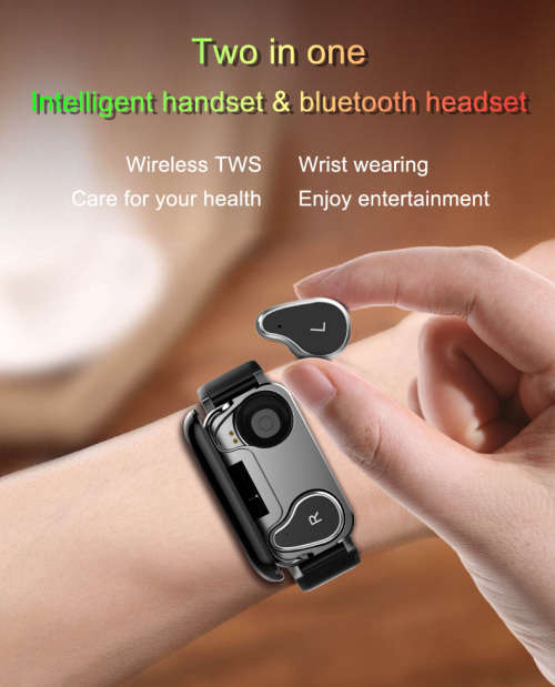 2 in 1 T89 TWS Smart Bracelet Tracker and Smart Watch in one with Binaural Earphone - Black