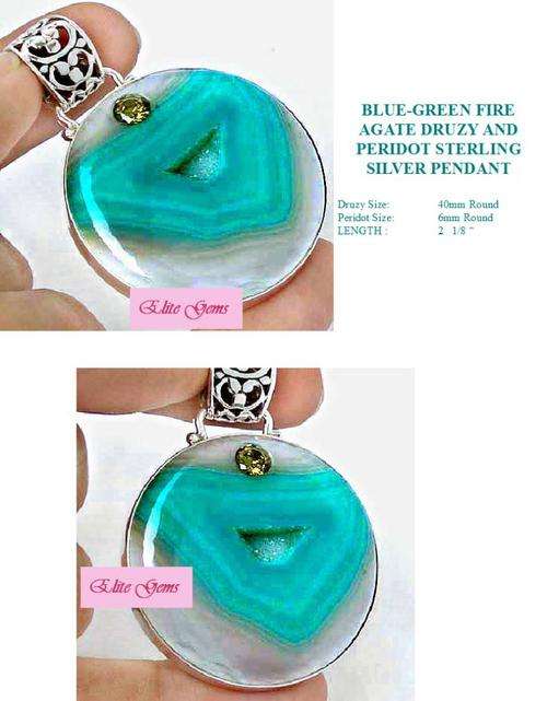 ***X-MAS GIFT!***GREEN FIRE AGATE DRUZY AND PERIDOT STERLING SILVER PENDANT!