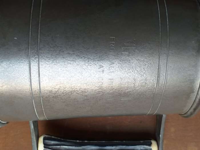 ENGLISH PEWTER BEER JUG WITH HORN HANDLE