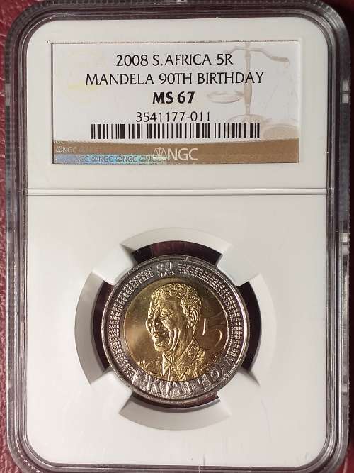 2008 RSA  5 RAND MANDELA 90 - NGC GRADED MS 67