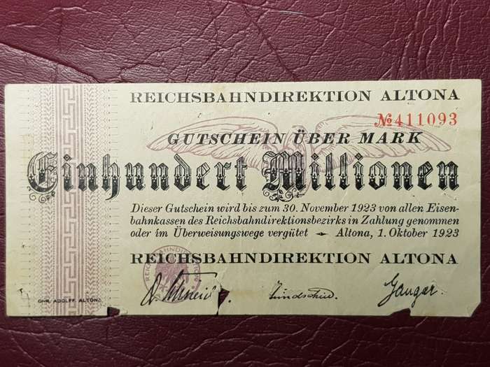 1923 City of Altona (Prussian Province of Schleswig-Holstein) 100 000 000 Mark Reichsbahndirektion