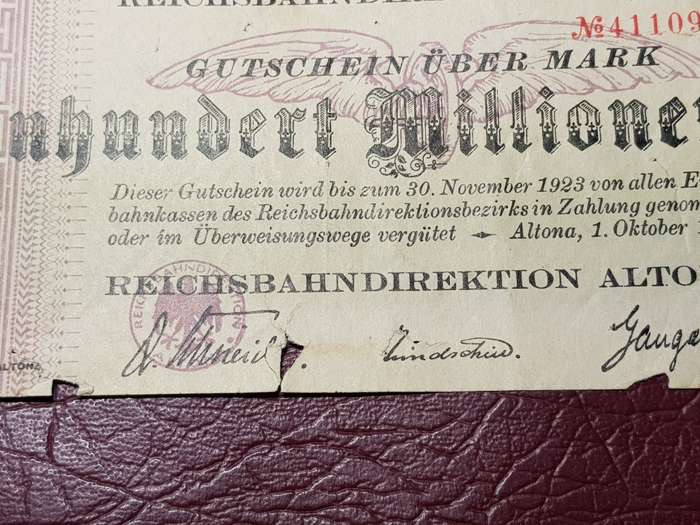 1923 City of Altona (Prussian Province of Schleswig-Holstein) 100 000 000 Mark Reichsbahndirektion