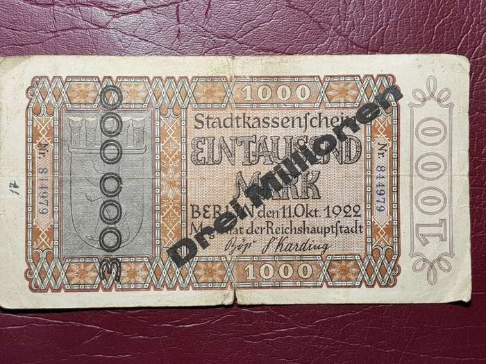 1922 Prussian Province of Berlin (German Notgeld) 3 000 000 Mark on 1 000 Mark