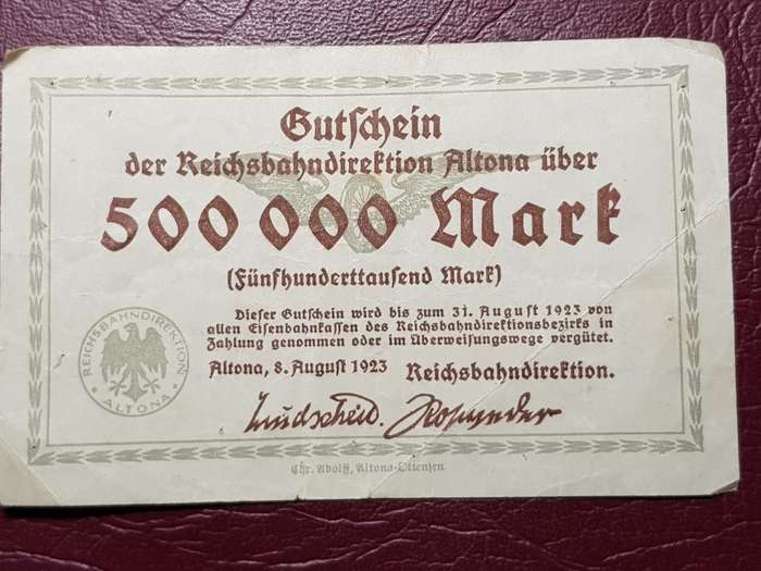1923 City of Altona (Prussian Province of Schleswig-Holstein)  500 000 Mark Reichsbahndirektion