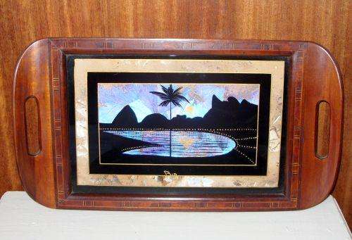 A GORGEOUS ART DECO WOOD AND GLASS TRAY WITH REAL BUTTERFLY WING DETAIL