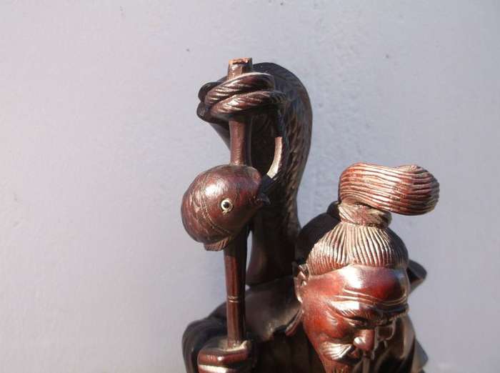 A RARE ORIENTAL ANTIQUE HAND CARVED WOODEN STATUE OF A FISHERMAN WITH HIS APPRENTICE ...AWESOME !!!!