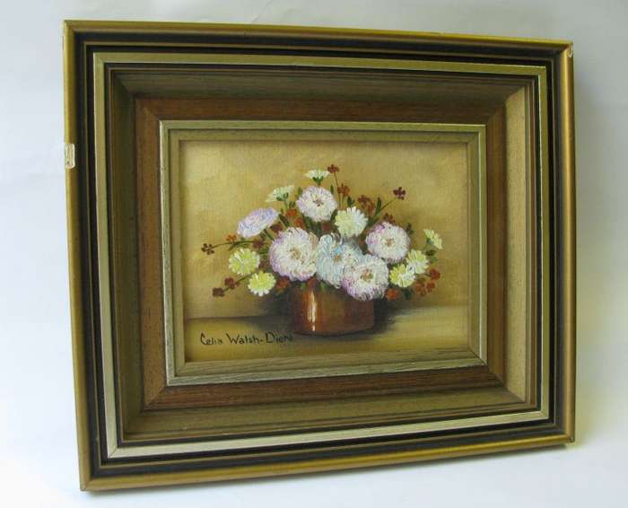 WOW !! AN ORIGINAL OIL ON BOARD PAINTING DEPICTING A FLORAL ARRANGEMENT BY CELIA WALSH-DIEHL