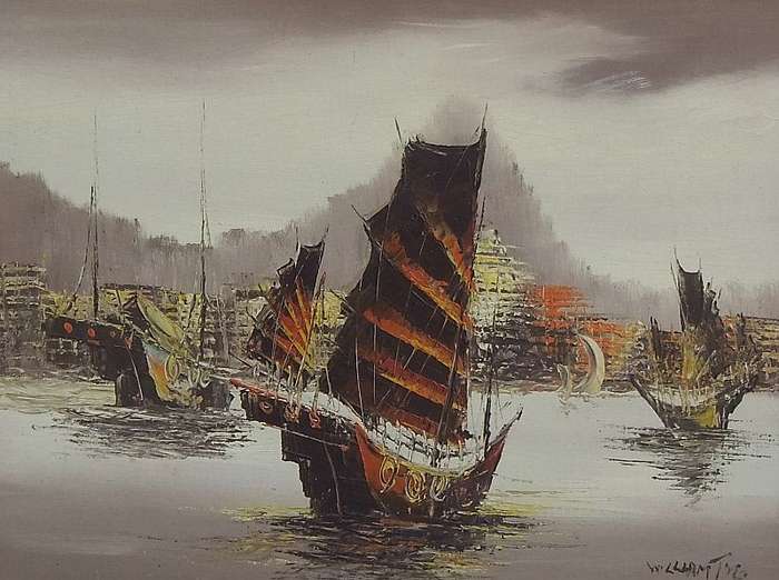 AN AMAZING ORIGINAL OIL ON BOARD OF CHINESE STYLE SAILING BOATS SIGNED BY THE ARTIST !! WOW !!
