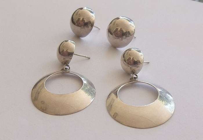 SWEET DEAL !! TWO PAIRS OF DOME STERLING SILVER EARRINGS..ONE STUD.ONE DROP N DANGLE !! BID FOR BOTH