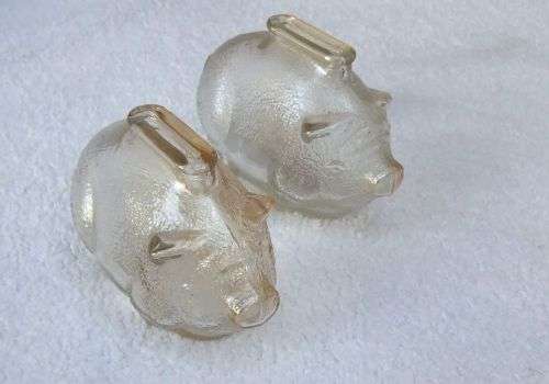 TAKE TWO !! A CUTE PAIR OF VINTAGE GLASS PIG FORM MONEY BANKS IN GOOD CONDITION