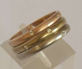 REDUCED MADLY - 9k / 9ct gold 3 colour BANDS: simulated diamonds. Size Q. Ready for you. Last set!