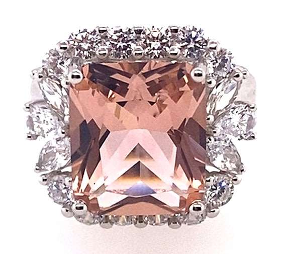 RING: square CZ Morganite & CZ halo, 18mm wide, sterling silver GLAMOROUS