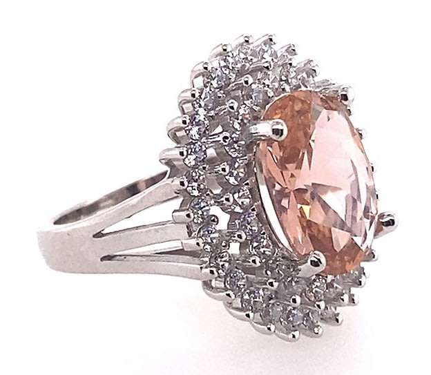 RING: oval CZ Morganite, double CZ halo, 23mm long, sterling silver