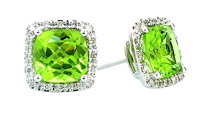 9k / 9ct white gold cushion Cluster EARRINGS: Peridot & Diamonds. Last pair!