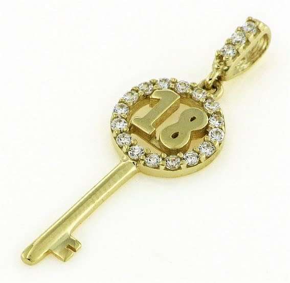 9k / 9ct gold 18th birthday key PENDANT: CZ  simulated diamonds. Last one!