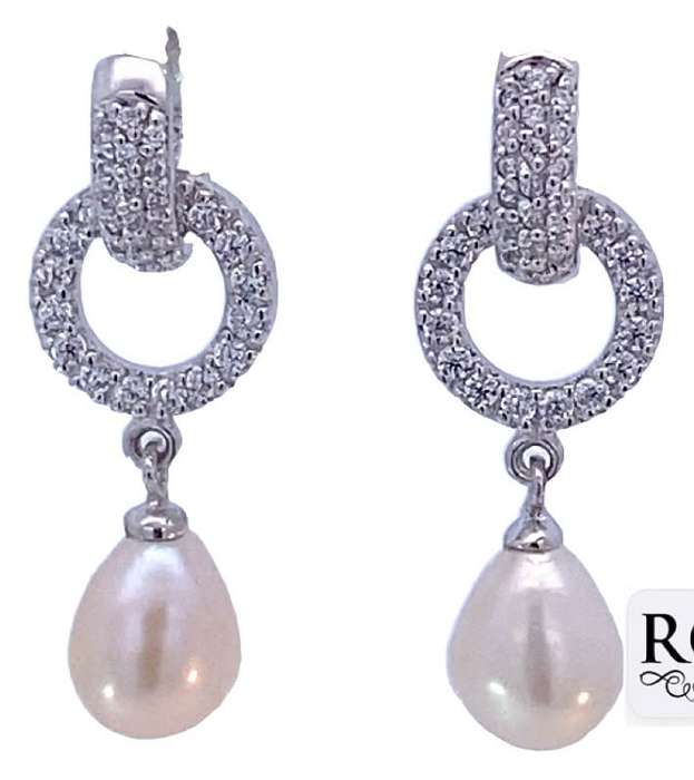 Huggie Cz EARRINGS: pearl drops, sterling silver. GLAMOROUS. Last pair!