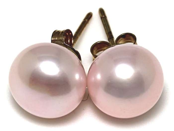 9k / 9ct gold & pearl stud EARRINGS: pink, 9.5-10mm. Last pair!