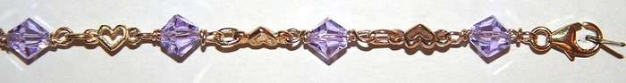 9k / 9ct gold Hearts BRACELET: Amethyst Swarovski crystal. Ready for you. Last one!