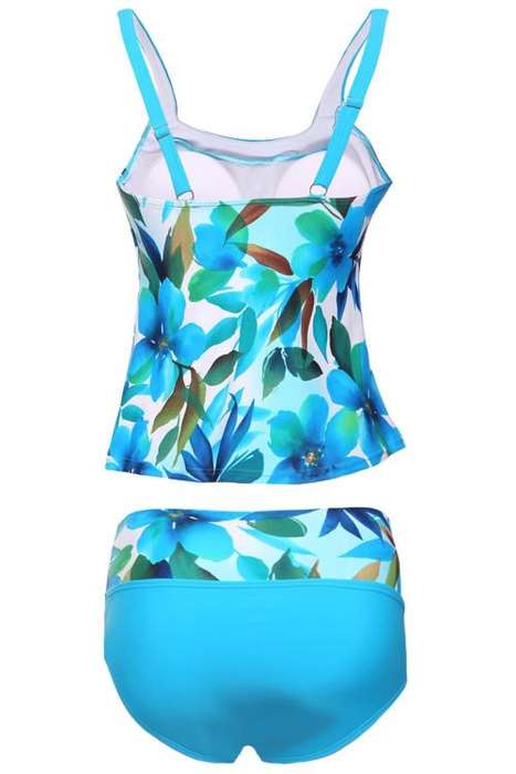 Bluish Floral Print 2pcs Tankini Swimsuit - Size : XXXL