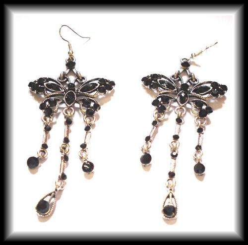 tibetan silver chandelier earrings with black rhinestones - 10.5cm