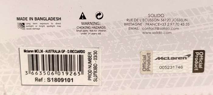 **NEW/BOXED** 1/18 Solido McLaren MCL36 Australia GP 2022 Daniel Ricciardo