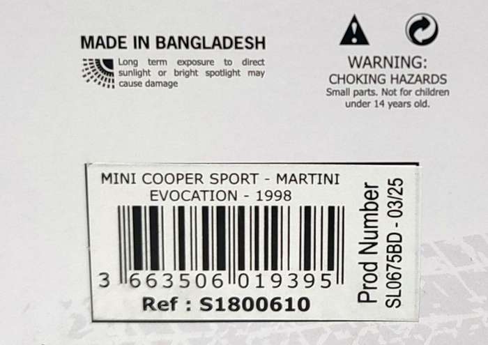 **NEW/BOXED** 1/18 Solido Mini Cooper Sport 1998 Martini Evocation
