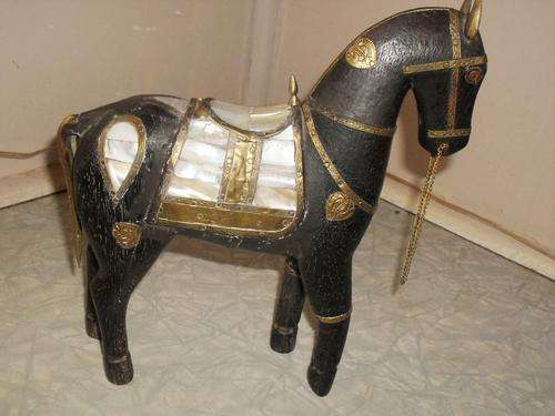 LOVELY OLD WOODEN HORSE WITH BRASS INLAYS