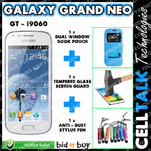Samsung Galaxy Grand Neo i9060 Dual Window Pouch + Tempered Glass + Stylus COMBO BLUE  !!