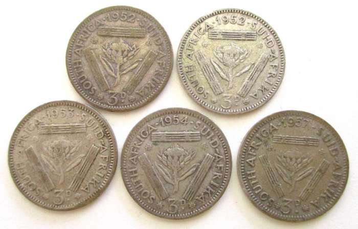A 1966 SILVER .800 R1 (DIRTY) AND NINE SOUTH AFRICAN TICKEYS--SOLD AS SCRAP SILVER